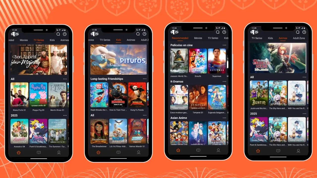 Magis TV APK instalada en cuatro dispositivos mostrando la interfaz de canales en vivo, películas y series